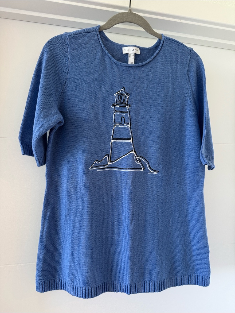 NWOT Blue Quarter-Sleeve Knit Sweater with Lighthouse Motif